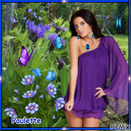 femme et fleurs e papillons bleu - Gratis animerad GIF
