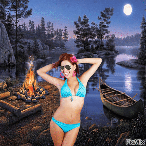 Sexy blue bikini clad redhead and campfire - Ingyenes animált GIF