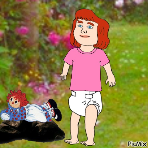 Baby and Raggedy Ann in garden - gratis png
