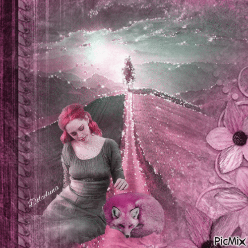 lady and the fox in pink tone - Ilmainen animoitu GIF