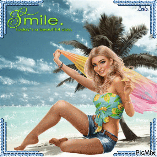 Summer. Lady on the beach. Smile, todays a beautiful day - Gratis geanimeerde GIF