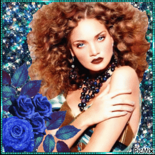 Redhead with blue roses - Free animated GIF