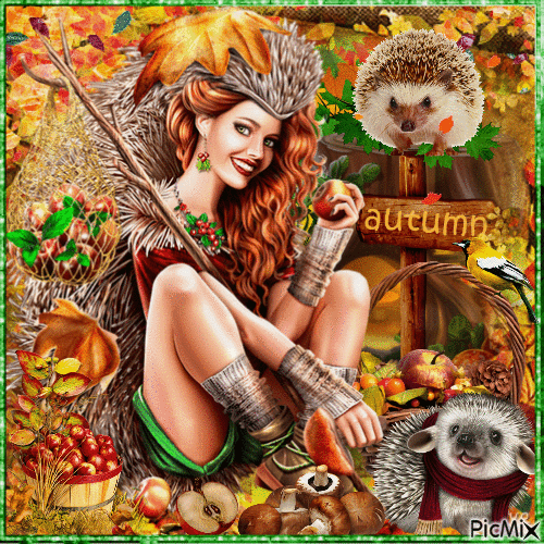 Hedgehogs in Autumn with leaves - 免费动画 GIF