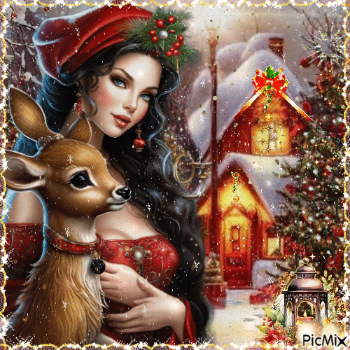 Mujer navideña y su ciervo - 免费动画 GIF