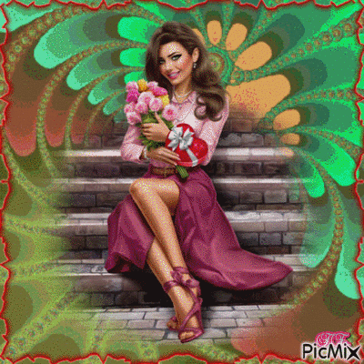 Nő virággal a lépcsőn! - Безплатен анимиран GIF