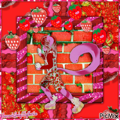 ♠Strawberry Catboi pushing on a Strawberry Wall♠ - Ingyenes animált GIF