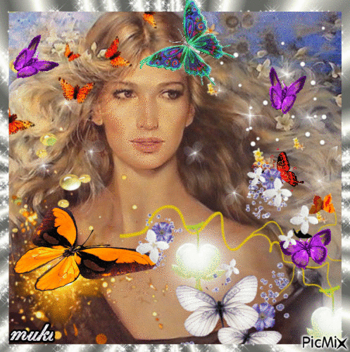 Woman with butterflies.. - Animovaný GIF zadarmo