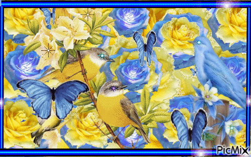 YELLOW ROSES AND BLUE ROSES. BIG AND LITTLE BLUE BUTTERFLIES - Безплатен анимиран GIF