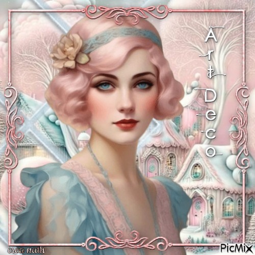 Art déco - portrait femme en hiver en rose et bleu doux - фрее пнг
