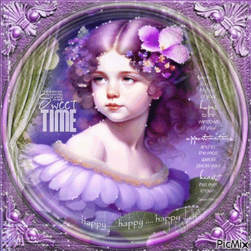 Vintage girl children portrait purple green - GIF animé gratuit
