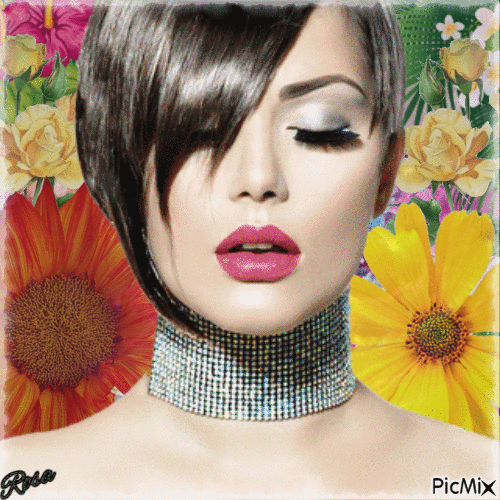 Portrait visage de femme et fleurs - Zdarma animovaný GIF
