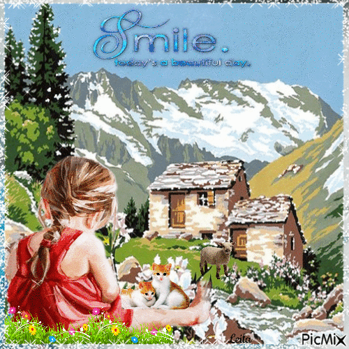 Smile. Today is a beautiful day. Mountain. Girl, cats - 免费动画 GIF