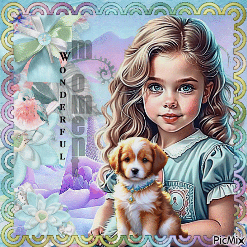 Kleines Mädchen und Hund – Pastelltöne - Gratis animerad GIF