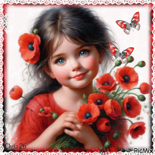Little Girl with Poppies - GIF animasi gratis