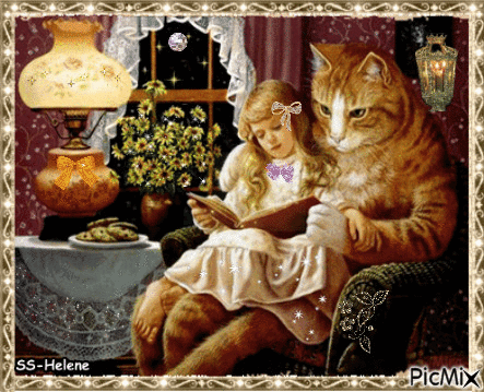 A big cat and a little girl. - Nemokamas animacinis gif