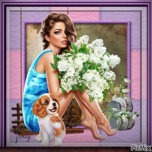 Portrait of woman and lilac - ücretsiz png