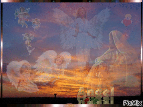 JESUS AND HIS ANGELS FADED IN A GOLD AND BLUR, AND A FLASHING GOLD FRAME. - GIF เคลื่อนไหวฟรี