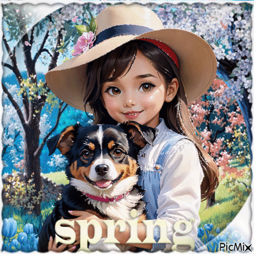 Child in spring with a dog - Бесплатни анимирани ГИФ