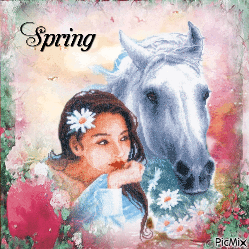 Frau und ihr Pferd im Frühling - GIF animado gratis