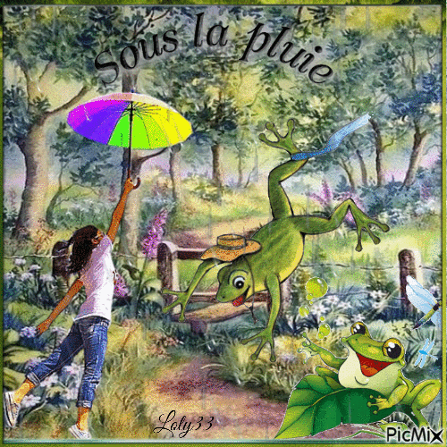 Fille et grenouille - Journée pluvieuse - GIF animé gratuit