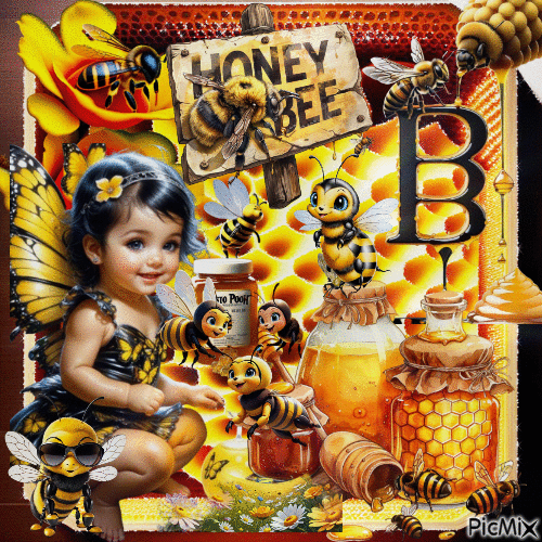 Kleines Mädchen – Honig – Biene – Braun - Darmowy animowany GIF