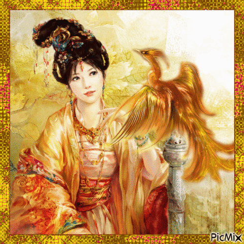 Femme asiatique avec un oiseau. - GIF animado grátis