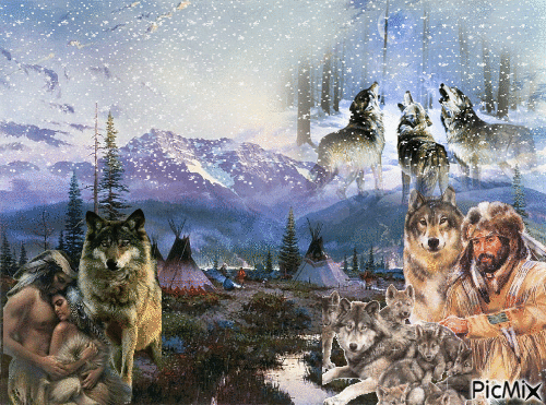 Hombres Nativos con lobos - GIF animé gratuit