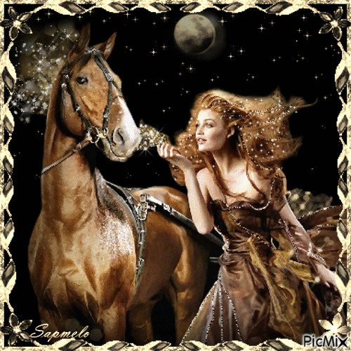 Mulher e cavalo- sépia - Безплатен анимиран GIF