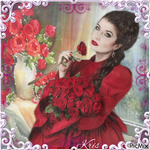 Portrait d'une femme avec des roses - Gratis geanimeerde GIF