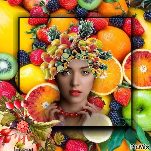 Woman with a hairstyle made of fruits - png gratis