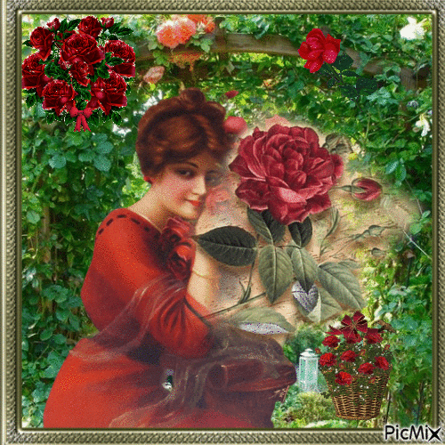 Frau mit einer Rose Rot und Grüntöne - GIF animé gratuit