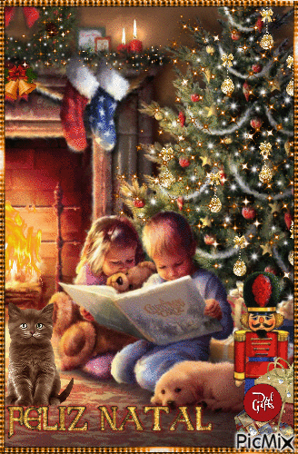 Crianças lendo uma história de natal - GIF animado gratis