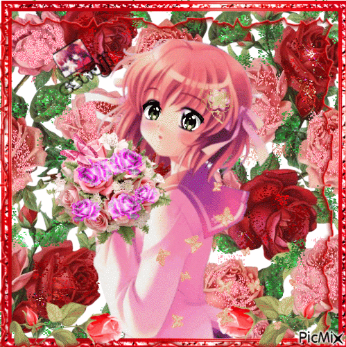 Manga girl with roses - Бесплатный анимированный гифка