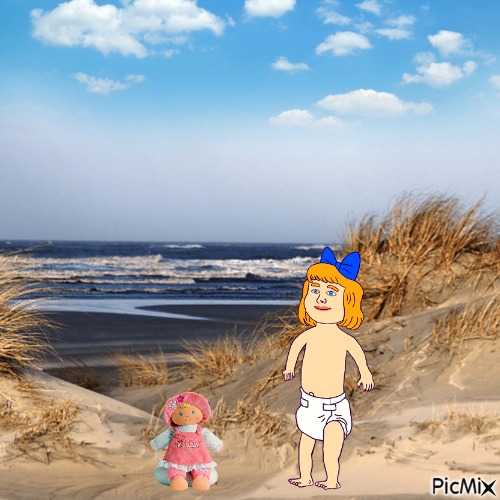 Baby with doll at beach - ücretsiz png