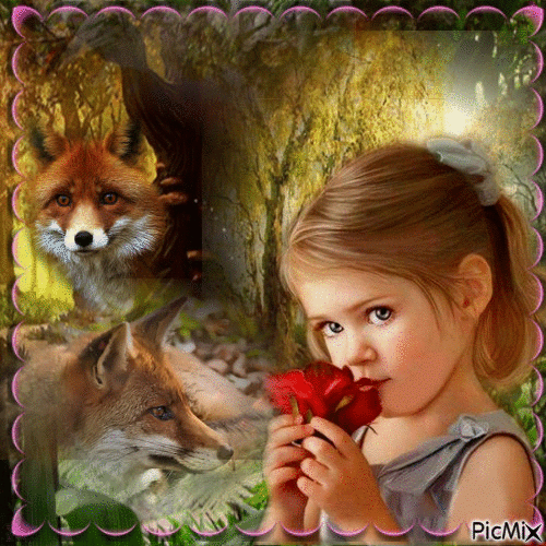 renard et la petit fille - GIF animado grátis