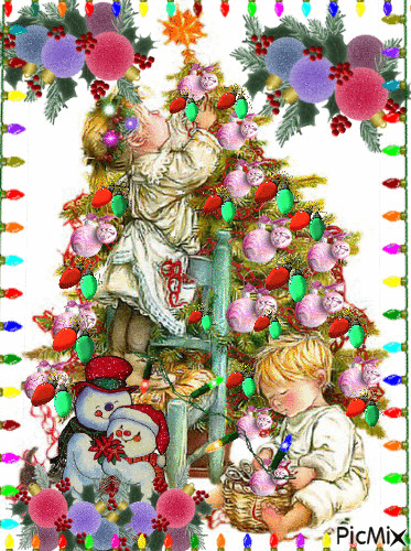 A LITTLE BOY ASLEEP, THE LITTLE GIRL HANGING LIGHTS, ORNAMENTS AND TINSELL, LIGHTS, AND GLITTER SPARKLING. THERE IS A CHRISTMAS LLIGHT BORDER. - Gratis animeret GIF