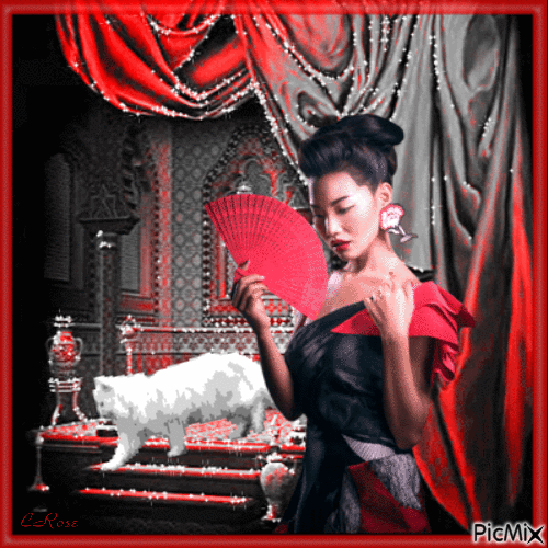 Oriental Beauty and White Cat - Gratis animeret GIF