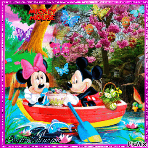 Feliz Páscoa com Mickey e Minnie - Gratis geanimeerde GIF
