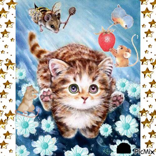 A CUTE LITTLE KITTEN RUNNING THROUGH THE BLUE DAISY FIELD, A MOUSE ON THE BOTTOM IS RUNNING AND MAKES A HOLE A LARGE MOUSE BEE IF AFTER HIM, AND A MOUSE AND BIRD ARE FIGHTING OVER A STRAWBERRY. - Бесплатный анимированный гифка