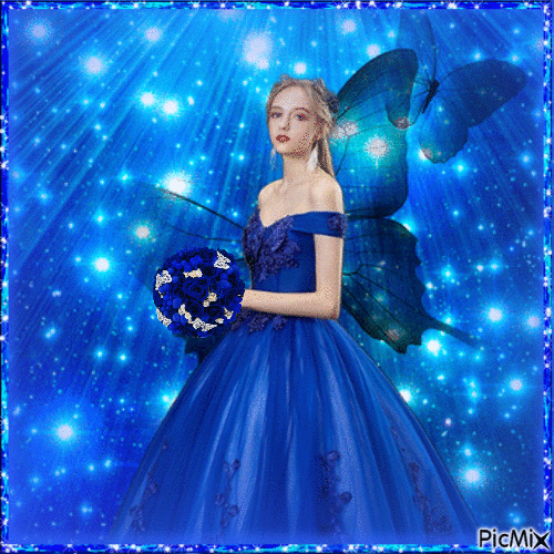 chica con flores azules - Безплатен анимиран GIF