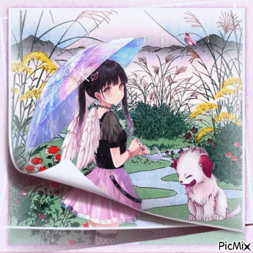 Anime Girl mit Regenschirm - Безплатен анимиран GIF