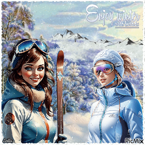 Enjoy winter with friends in the mountains - Nemokamas animacinis gif