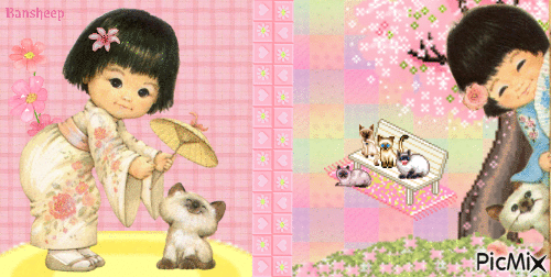 🌸Japanese little girl & Siamese cat - Ilmainen animoitu GIF