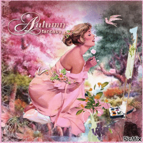 Autumn pink with leaves - GIF animé gratuit