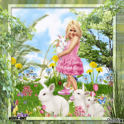Easter-spring-girl-bunnies - Безплатен анимиран GIF