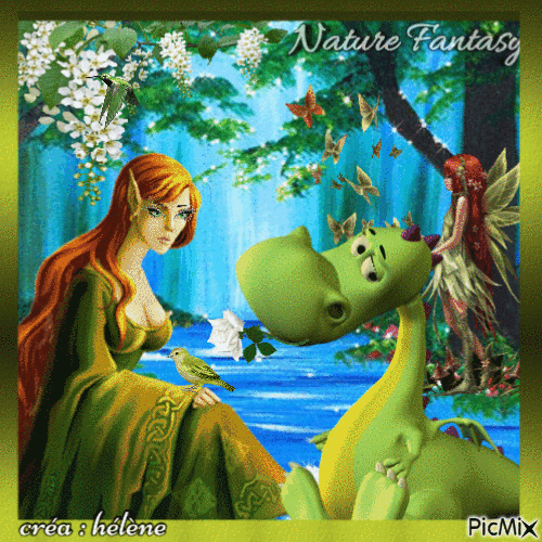 Paysage Fantasy et l'elfe en vert - Ingyenes animált GIF