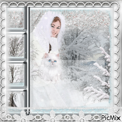 all white winter woman with cat - Бесплатни анимирани ГИФ
