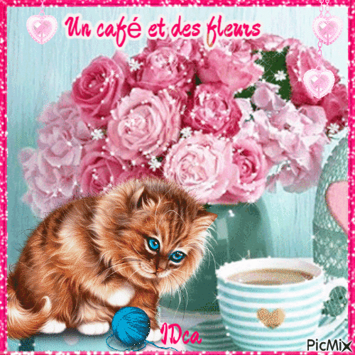 Un café et des fleurs pour les mamans   chat - Animovaný GIF zadarmo