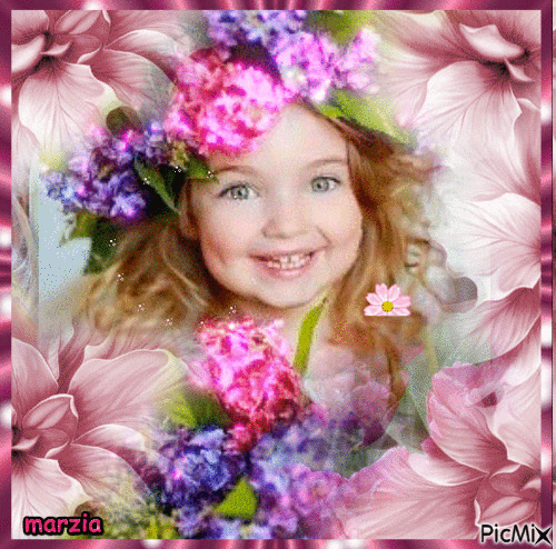 La jeune fille et des fleurs roses - Gratis animerad GIF