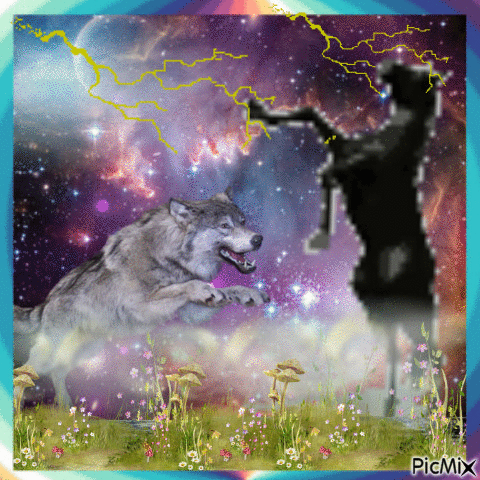 Loup contre Cheval sous l'orage - Gratis animerad GIF